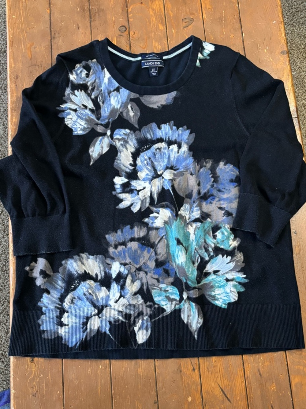Lands' End Women's Plus Size Black Floral Crewneck Sweater - Blue Floral